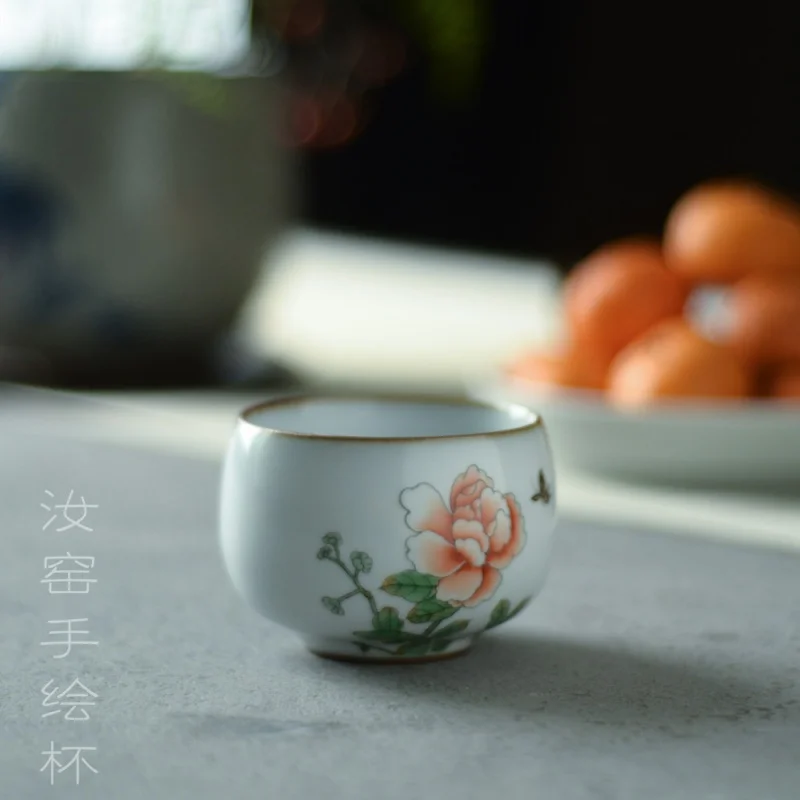 ★Jingdezhen Ru Ware Hand Painted Peony Kombucha Master Cup Single Cup Female Handmade Tea Cup Single Large Tea Set