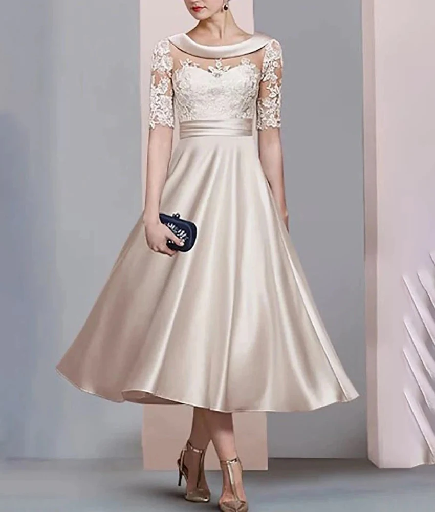 

Customized Graceful Satin A-Line Appliques Lace Evening Dress Temperament Half Sleeves Ankle Length Scoop Celebrity Gowns