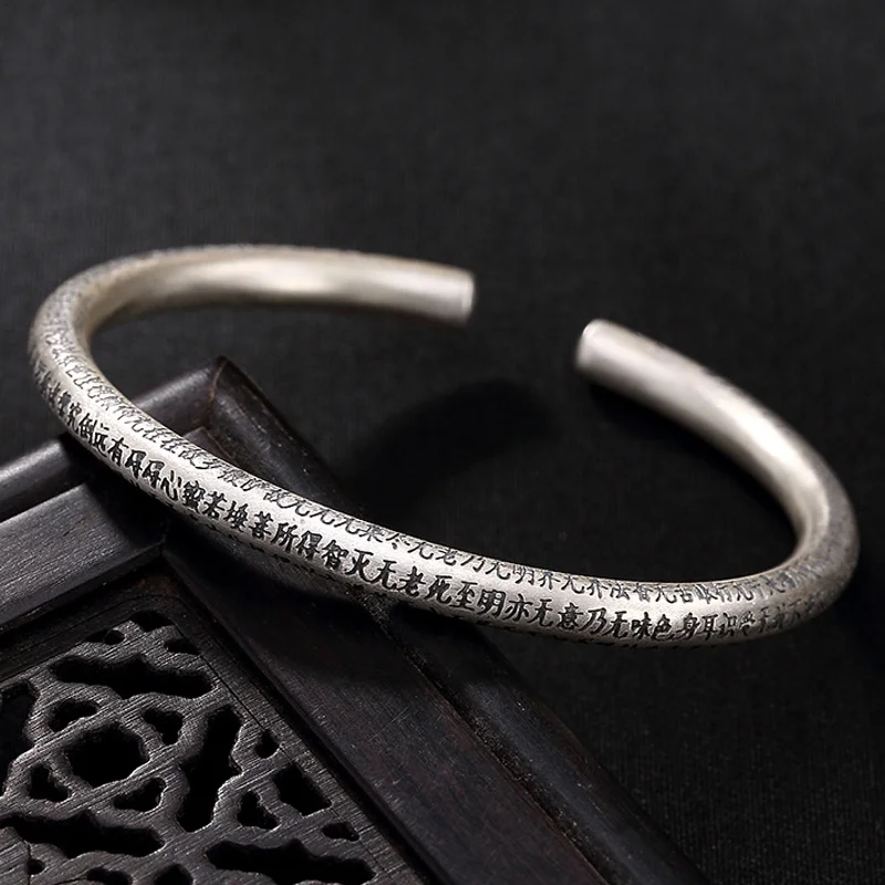 

999 Pure Silver Sutra Buddhism Bangles for Women Mother Lover Gift Fashion Jewelry Accessories Bracelet