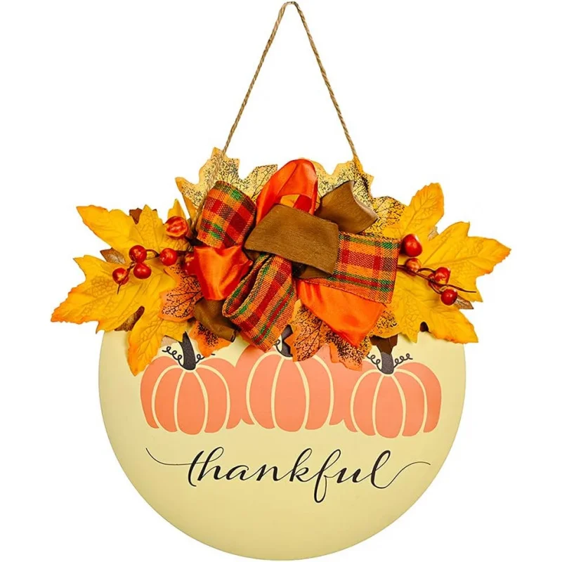 

Thanksgiving wooden pumpkin door panel, front porch flower wreath, maple leaf door hanging sign decoration 30X30CM