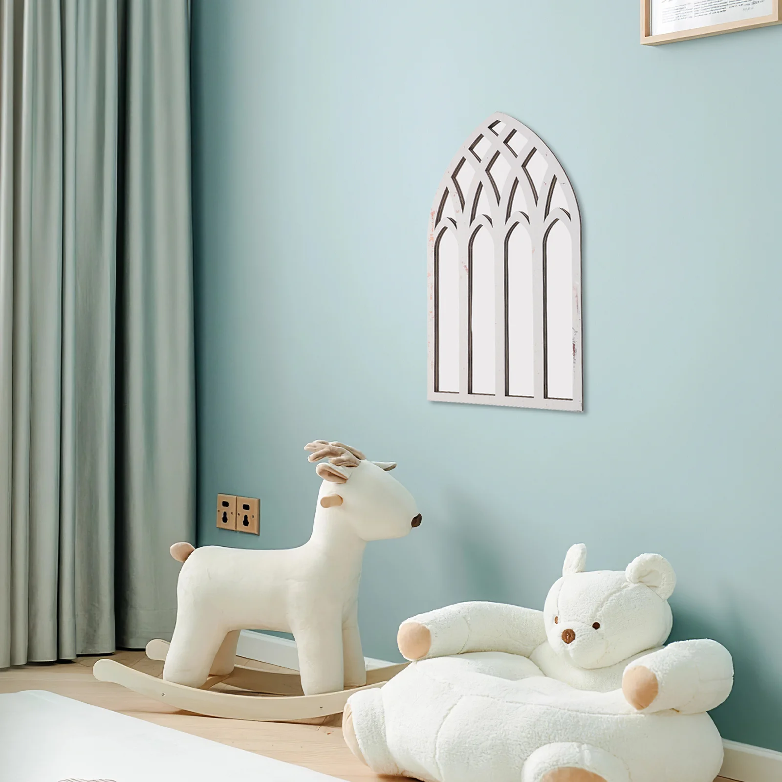 

42x27cm Window Pane Mirror Wall Decor Gothic Rustic Wood Grain Faux Window Sticker Arched Cathedral Style Mirror for Living Room