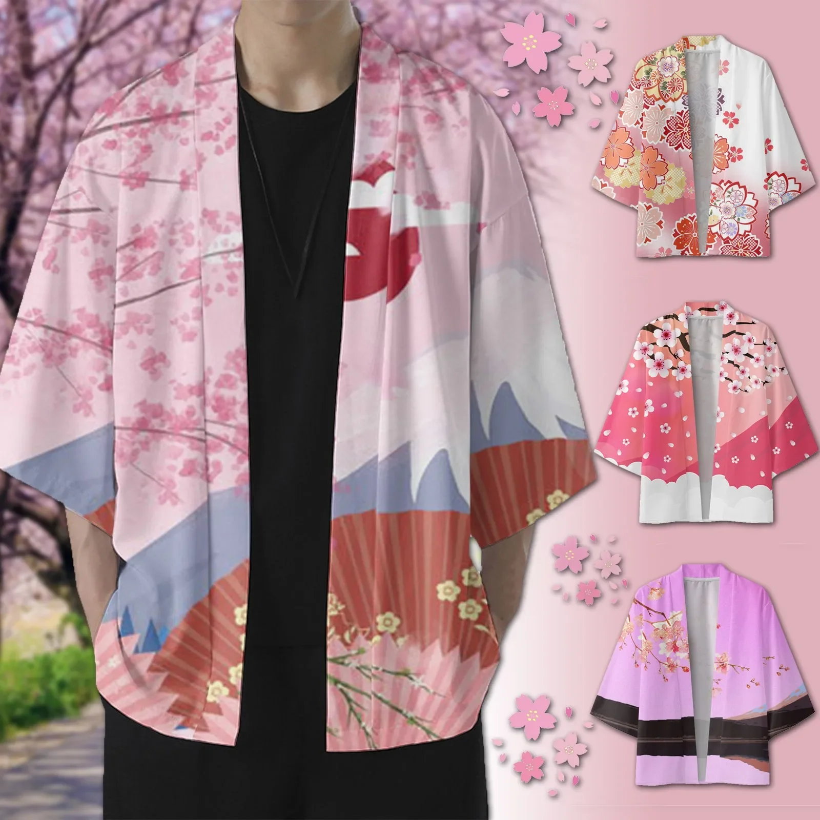 Male Spring And Summer kinomo Cherry Flower Cool Semi Long Sleeve Cardigan All Solid Color Casual Plus Size Men's Casual  Shirt