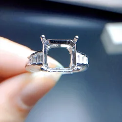 MeiBaPJ Inlay 8mm Square Stone S925 Sterling Silver Fashion Ring Holder DIY Empty Support for Women Fine Charm Jewelry