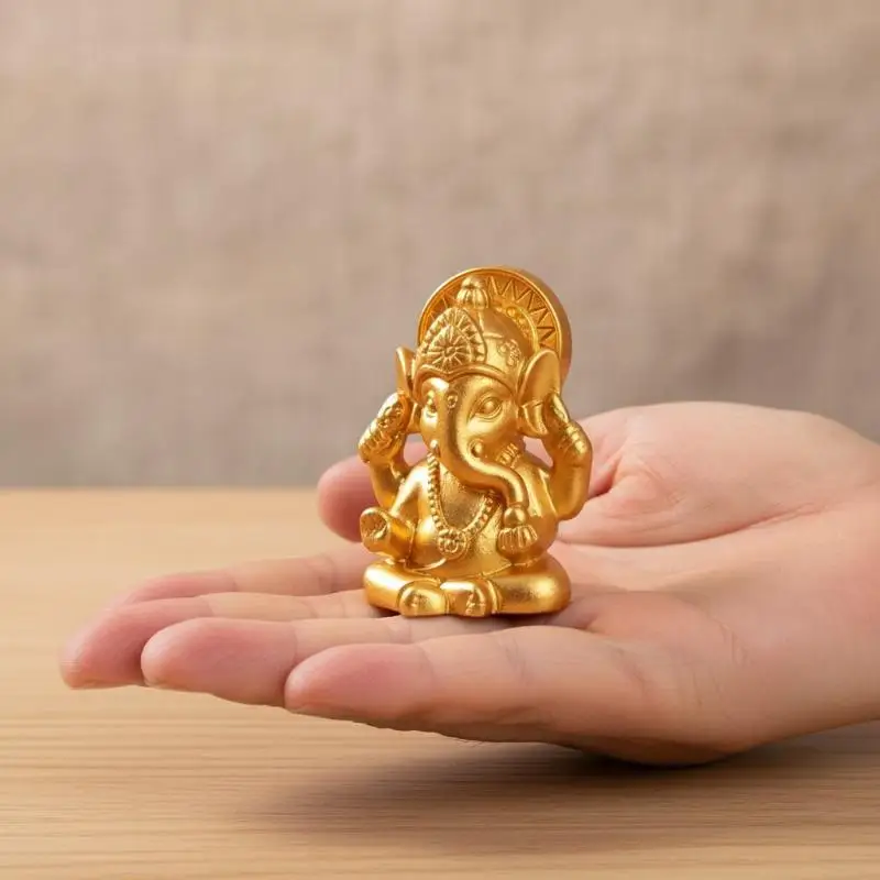 Golden Handcrafted Ganesha Statue Delicate Carved Patterns Shiny Finish For Home Meditation Desktop Decor
