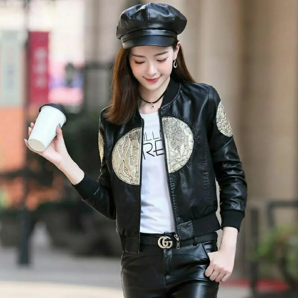 Women's Embroidered Leather Jacket, Baseball Jersey, Casual Fashion, Heavy Industry, Spring, Autumn, New, 2024