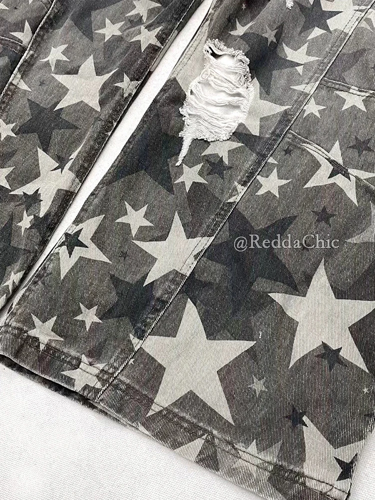 REDDACHiC Star Pattern Camouflage Jeans for Women Retro Y2k Low Rise Wide Leg Torn Ripped Denim Barrel Pants Harajuku Streetwear