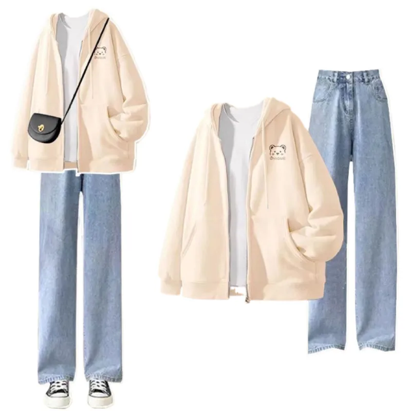 Spring and Autumn Fashion Women\'s Set Korean Loose College Style Cardigan Top+T-shirt+jeans Three Piece Set