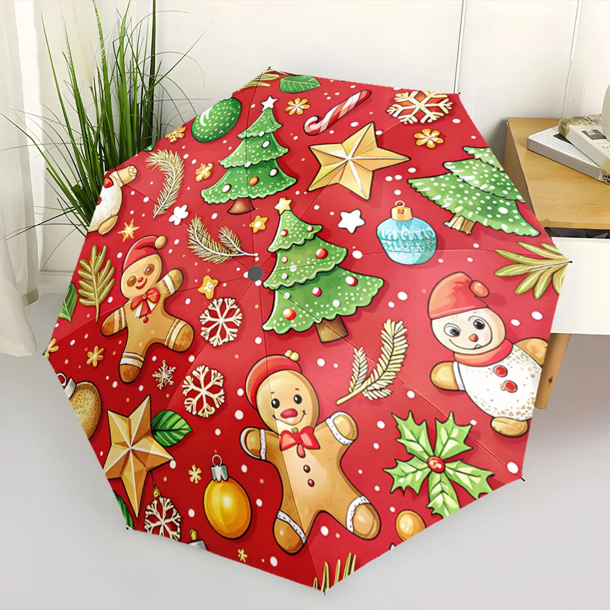 Christmas Pattern Umbrella with Gingerbread Trees & Decorations portable waterproof sun rain umbrella for outdoor travel