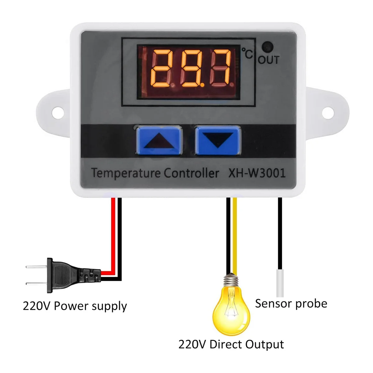 2Pcs XH-W3001 Digital Temperature Controller with Sensor AC110V-220V Thermostat Temperature Switch Heating Cooling