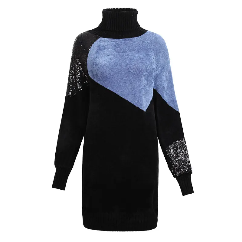 Women's Autumn High Street Fashion Thick Turtleneck Sweater Sequin-Decorated Patchwork Knitting Pullover All-match Sleeve