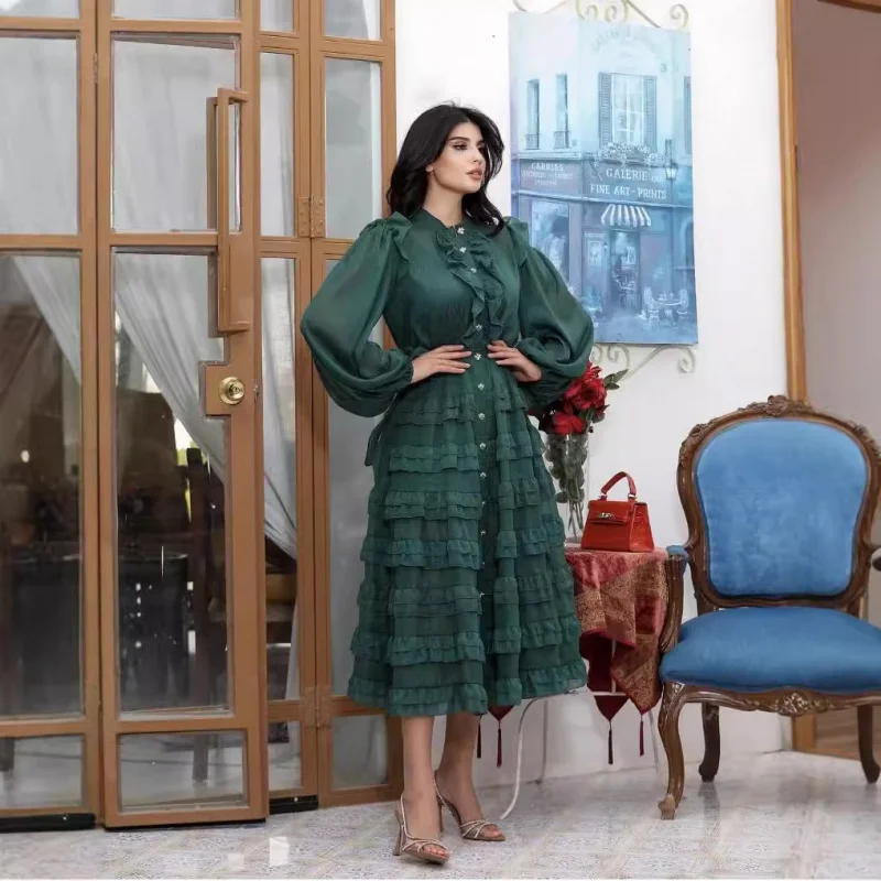 

Green Dress 2025 Hot Style Autumn Winter Socialite Elegant Stand Collar Sleeve Ruffle Layered Cake Dress Long Dress