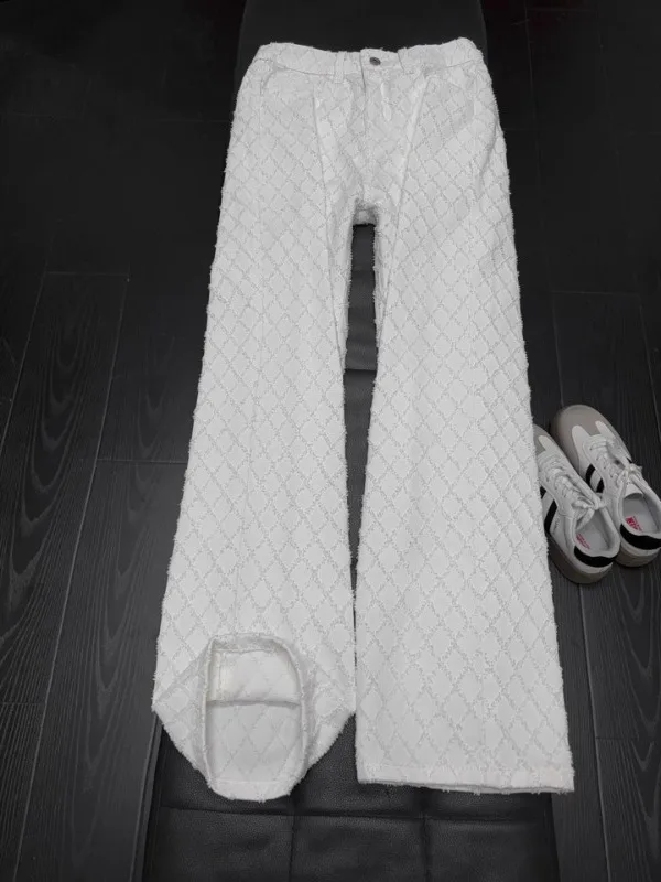 

White Floral Embroidery Jeans Loose Straight Leg Long Pants Unisex High Street Style Summer Casual Fashion Diamond Pattern