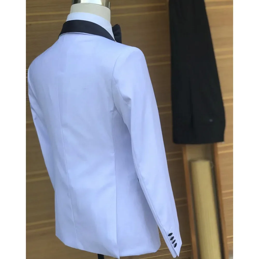 2 peças smoking de casamento fino ajuste ternos masculinos jaqueta branca com calças pretas define formal roupas do noivo terno masculino feito sob encomenda