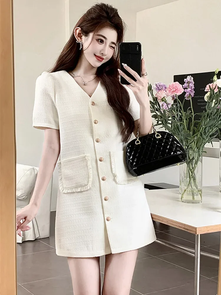 New Summer Thin Tweed Dress Women Elegant V-neck SimpleShort Sleeve Pockets Single Breasted Woolen Mini Dresses Vestidos Robe