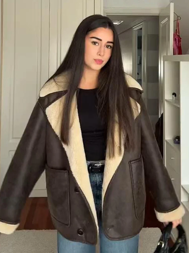

Fleece Fur Leather Jacket Coat Lapel Single Breasted Pocket Double-Sided Jackets Autumn Winter New Thickened Warm Women Overcoat