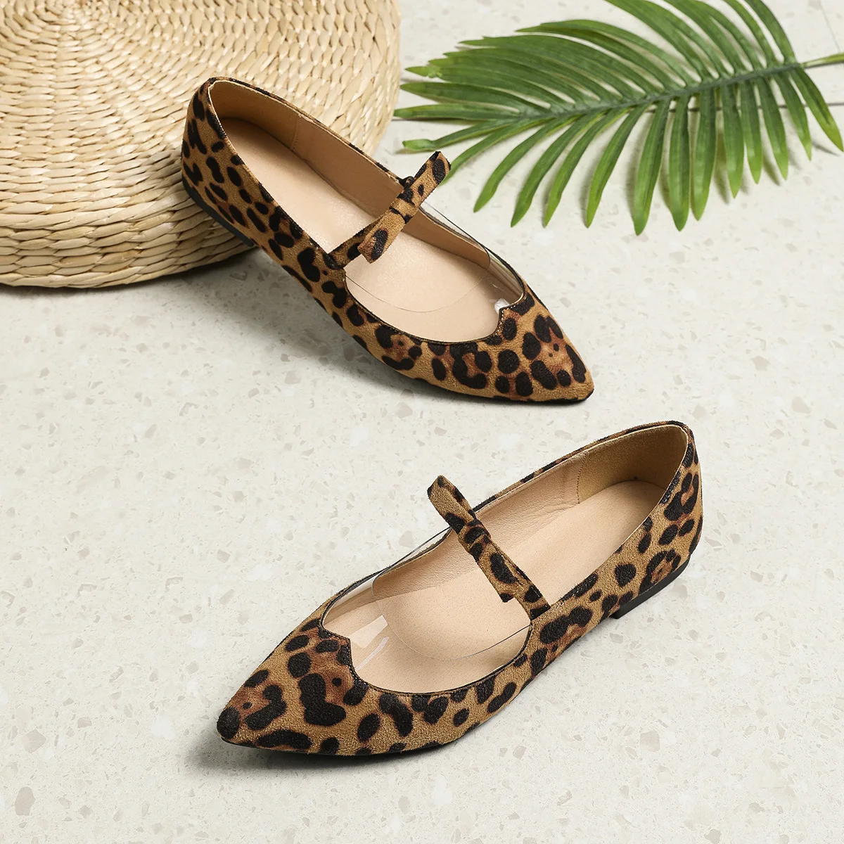 Sexy Shallow Mouth Pointed Toe Flat Ballet Dance Shoes Mary Jane Leopard Bow Shallow Mouth Single Shoes for Women