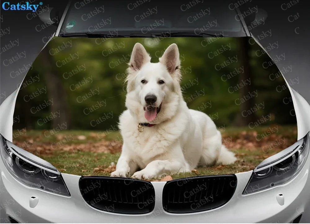 White Swiss Shepherd Dog Car Hood Decal Stickers Wrap Vinyl Film Engine Cover Decals Sticker Car Hood Protective Film