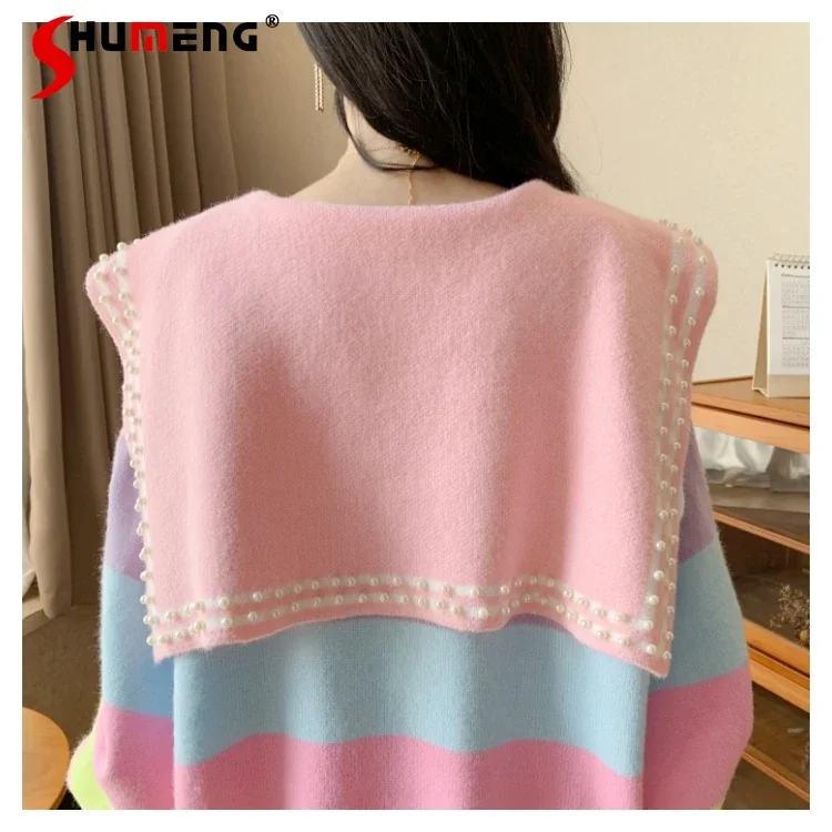 Large Size Student Stripes Mid-Length Knitted Bottoming Shirt Women\'s Autumn Loose Fairy Doll Collar Long Sleeve Sweater Ladies