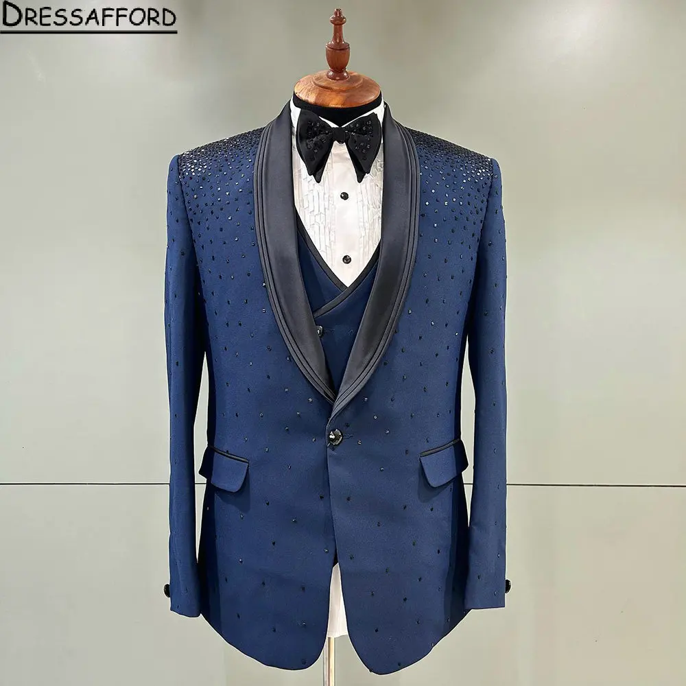 Blue Glitter Crystal Groom Wedding Tuxedos 2 Pieces Formal Suits Men Custom Made Black Prom Blazer Sets Male Fashion