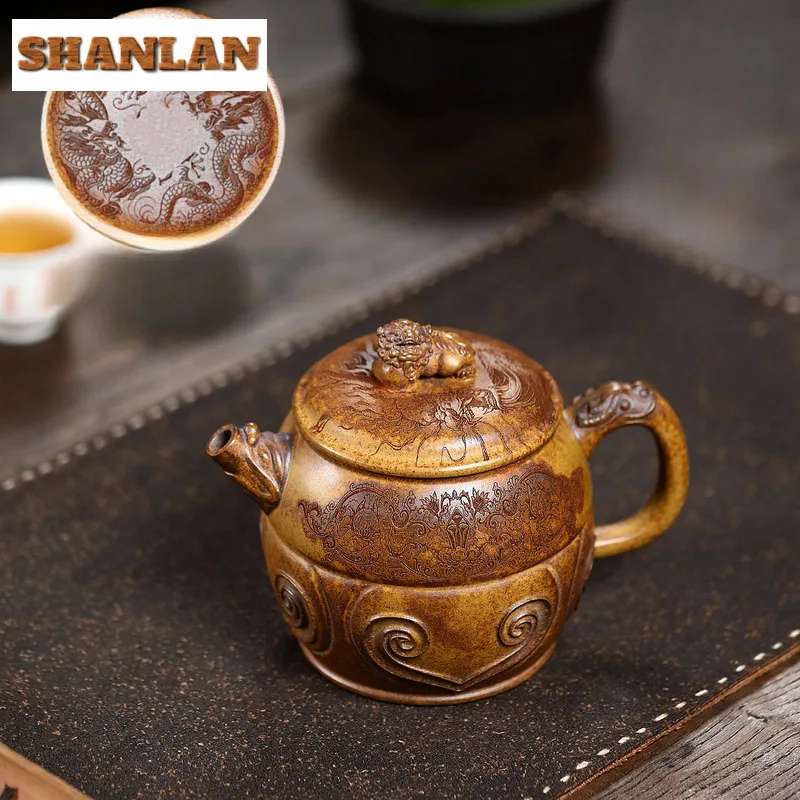 

400ml Boutique Yixing Purple Clay Teapots Handmade Lion Ruyi Pot Raw Ore The Keel Gold Sand Kettle With Strainer Zisha Tea Set