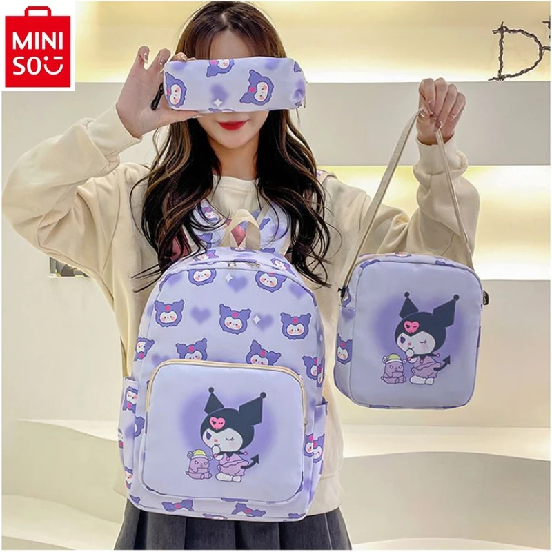 MINISO Sanrio Kuromi Cute Print Lightweight Casual Waterproof Women's High Quality Nylon Multi functional Three Piece Backpack