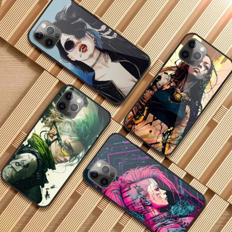 Cyberpunk Girl Anime Phone Case for iPhone 14 13 12 11 XS X 8 7 6 Plus Mini Pro Max SE 2022 PC Glass Phone Cover Funda