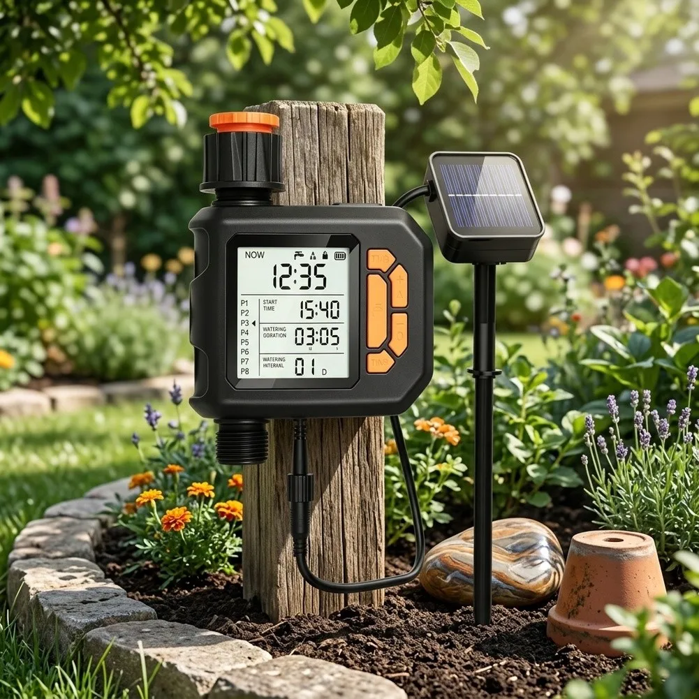 Rain-Sensing Solar Powered Drip Irrigation Timer with 8 Independent Multi-Mode Timers for Garden Watering Automation