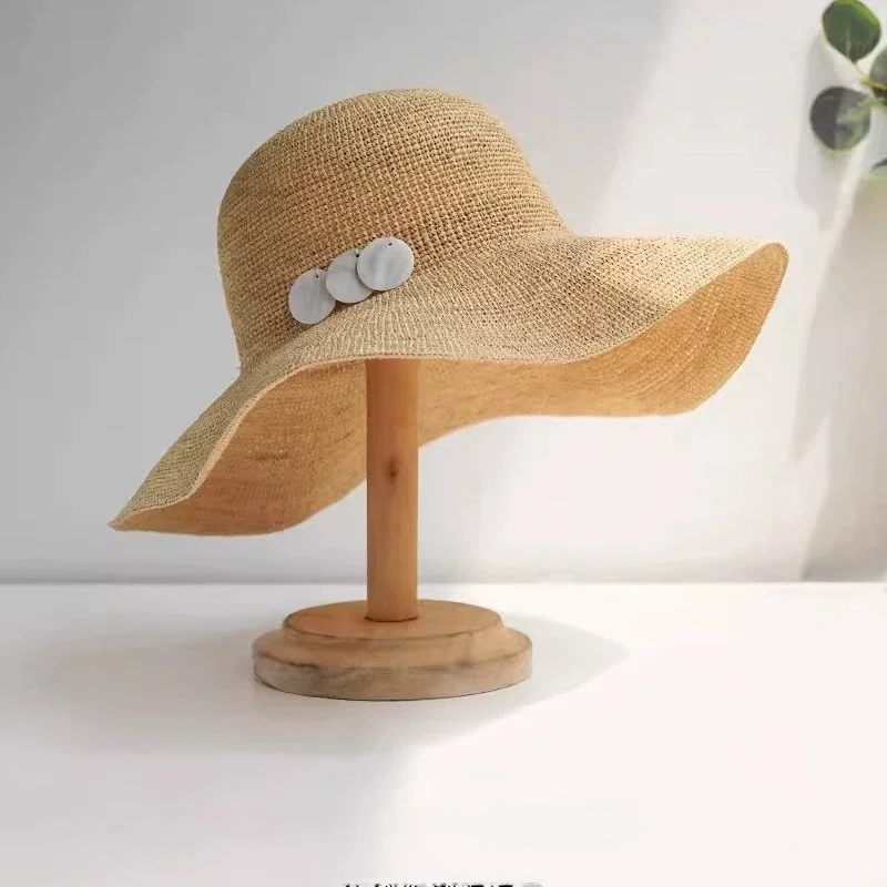 Women's Wide-Brimmed Raffia Hat with Shell Accents: Fisherman's Hat for The Beach, Sun Protection, and Vacation