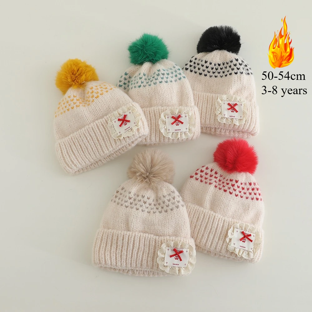 Ragazze Autunno Inverno Cappello di lana lavorato a maglia 50-54 cm Ragazzi Caldo Addensare Berretto antivento Bambini Cappelli con fiocco in pizzo a prova di freddo Moda per bambini CuteCap