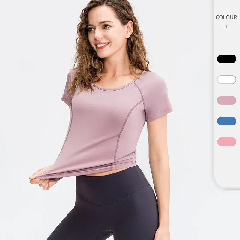 Camiseta de Yoga para mujer, Top corto de manga corta para correr, gimnasio, ejercicio informal elástico, Top deportivo para Fitness