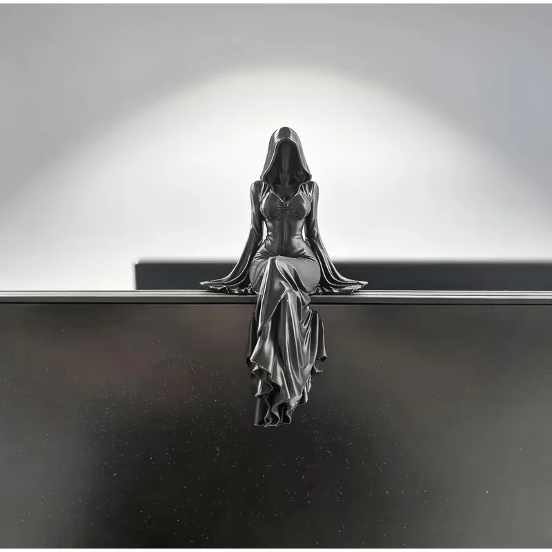 Gothic Faceless Hooded Lady Sculpture 3D Print Black Long Robe Sitting Statue Mysterious Dark Priestess Resin Ornament Home Desk