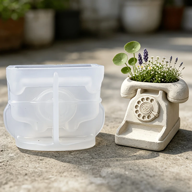 3D Vintage Rotary Telephone Succulent Pot Silicone Mold DIY Flower Pot Cement Clay Scented Candle Craft Mold Home Decor view 4