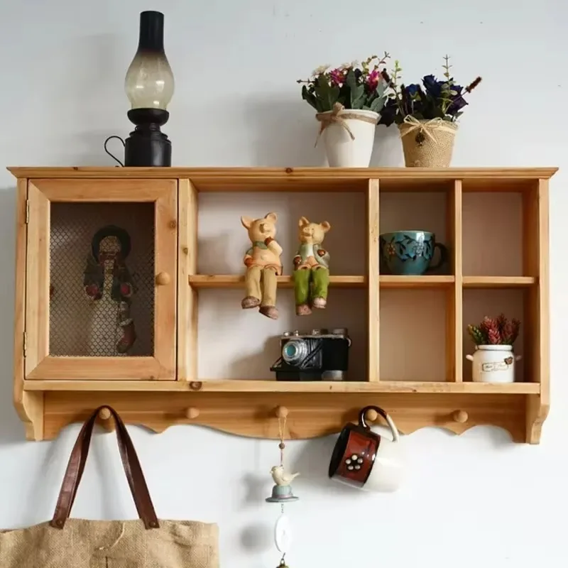 Retro Wall Storage Rack Solid Wood Cup Rack Spices And Tea Kitchen Decoration Cabinet