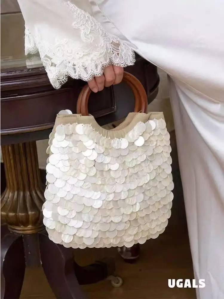 Fashion Shell Case Woven Handmade Bucket Bag Wood Handheld Women Handbag Luxury Clutch Purse Large Capacity Casual Tote Bag