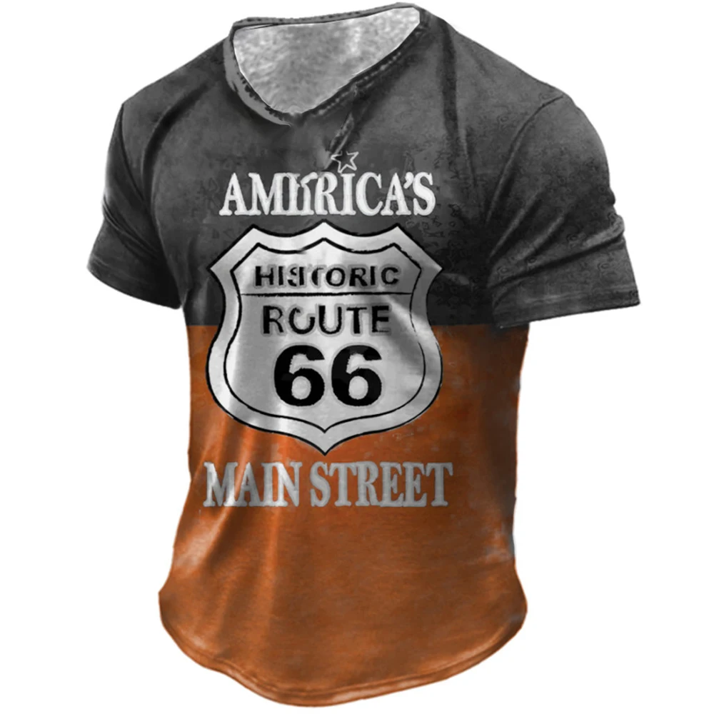 Summer Men T-Shirts American Vintage Printed Holiday Tops Route 66 Racing Tops Casual O Neck Shirts Loose Male Harajuku T-Shirt