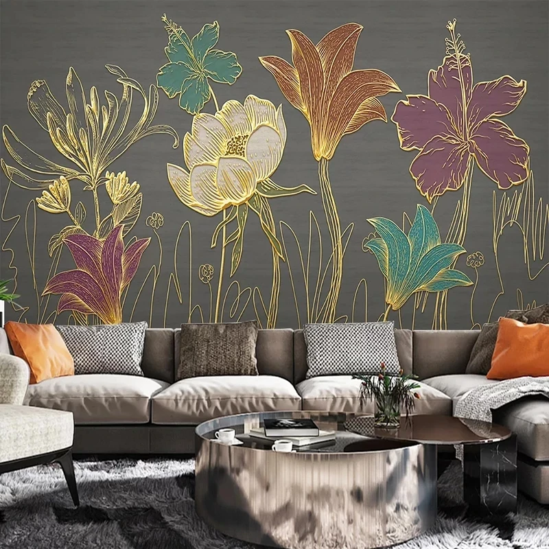 Custom 3D Mural Wallpaper Luxury Golden Embossed Flower Leaves Modern Living room sofa TV background wall bedroom restaurant 8d