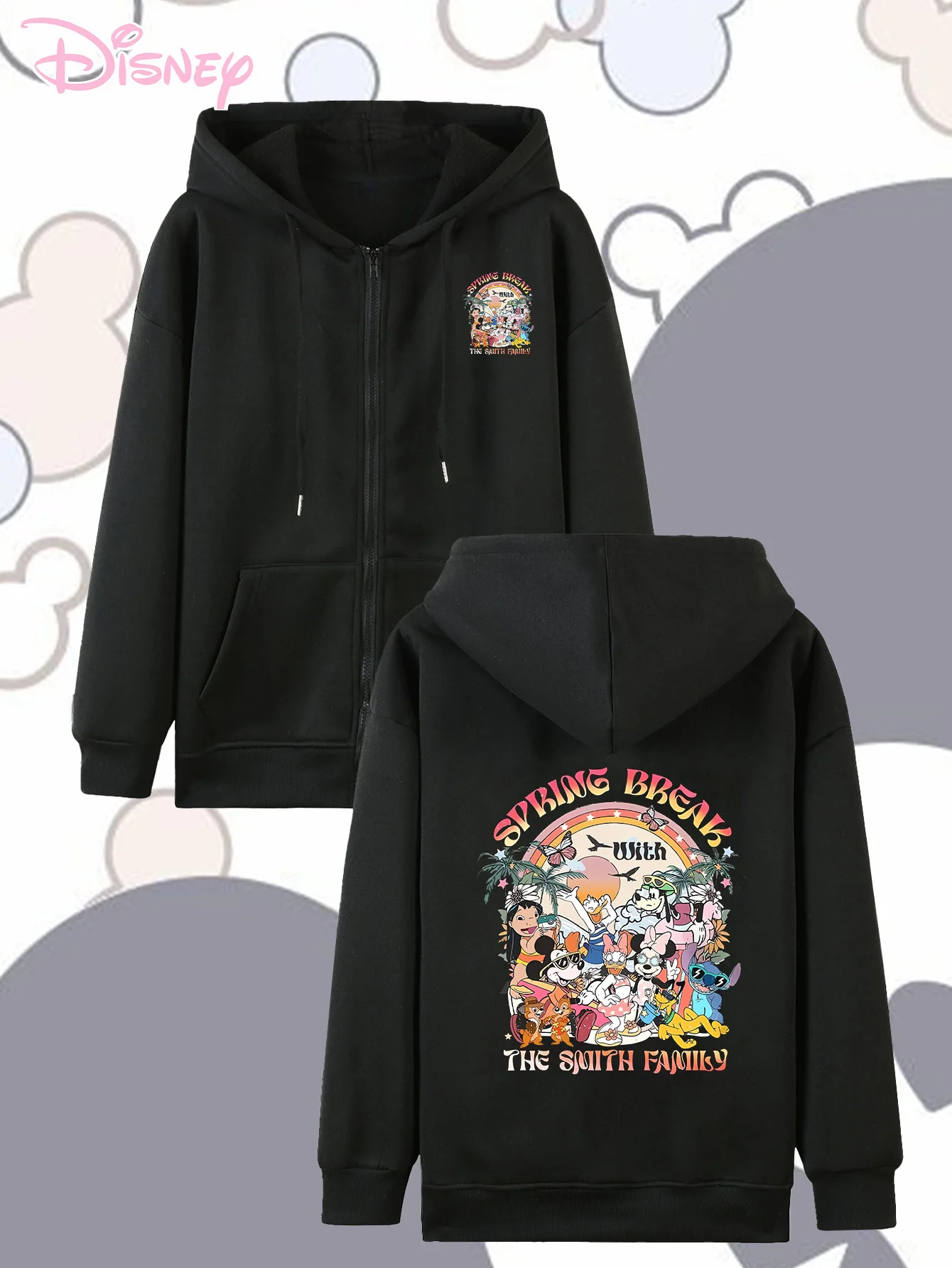 Novo moletom feminino estampado da série Disney Mickey Family com cordão e zíper manga comprida gola redonda pulôver