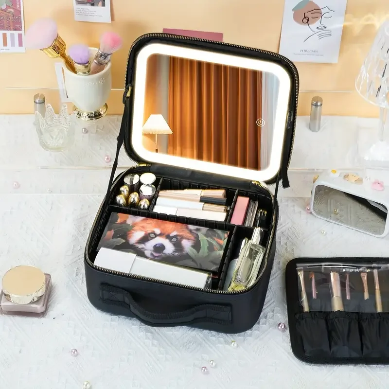 3-Color Portable Travel Makeup Bag with Mirror and Rechargeable LED Light - Waterproof, Unscented, and Lithium Battery Powered