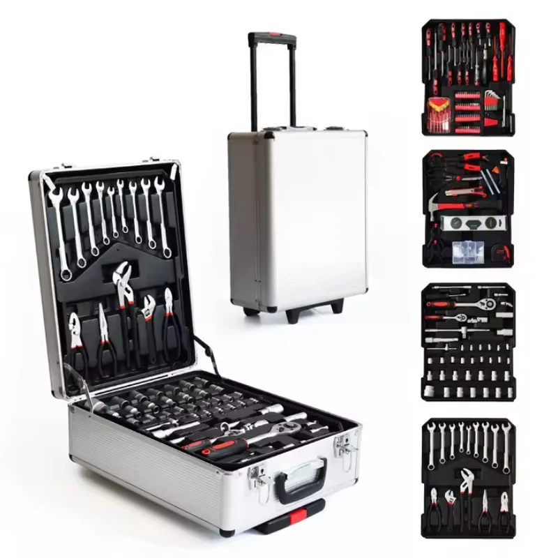 A removable Toolbox 186 pieces repair tool,Pull rod box set tool aluminum box four-layer hardware combination auto repair home