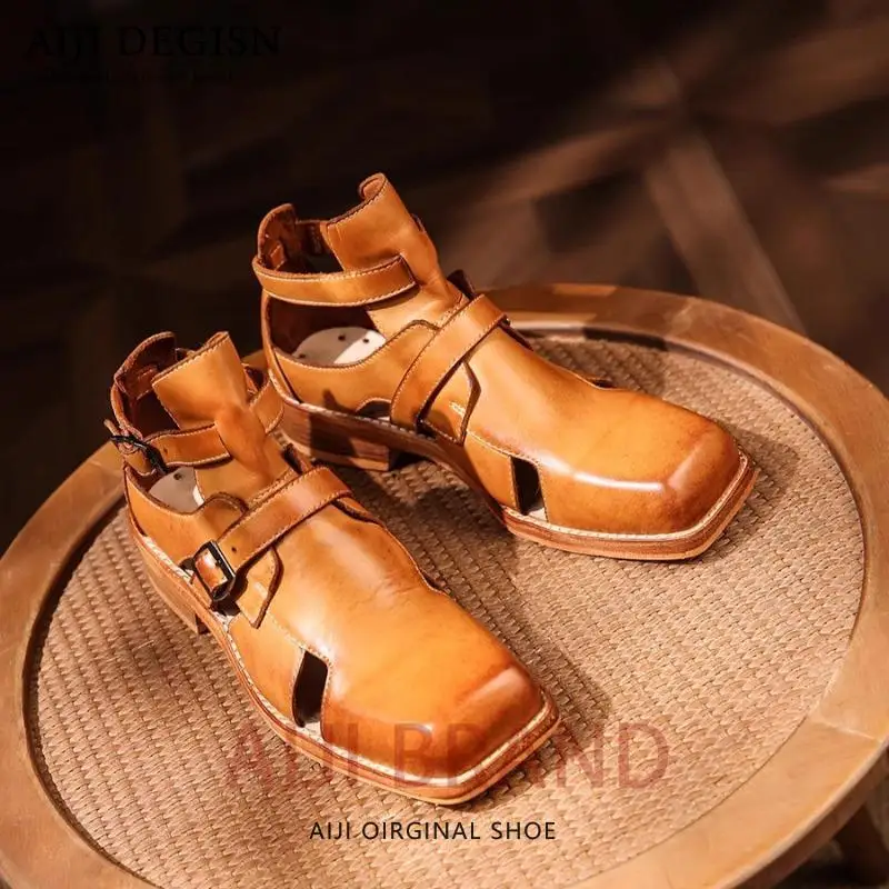 

Outdoor Premium Square Toe Hiking Sandals Handmade Men High-top Sandals Genuine Leather Retro Hollow Luxury Gladiator Shoes