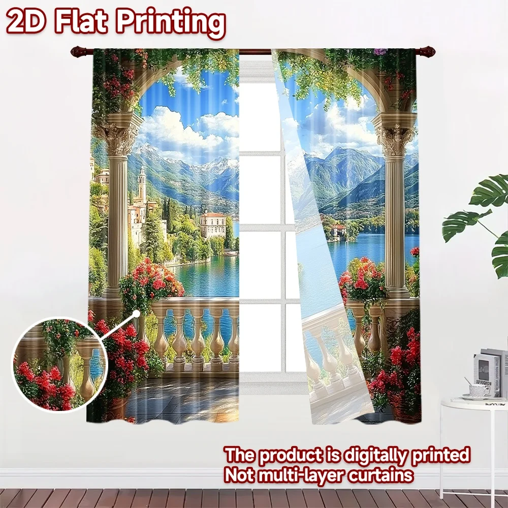 2D flat 2pcs Curtain Home Short Curtains Lake View Terrace Durable polyester fiber Birthday Party for Booths Studio decoration