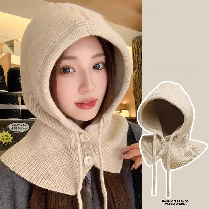 여성용 겨울 바라클라바 모자, 유니섹스 니트 후드 캡, 야외 워머 드로스트링 모자, 원피스 넥 칼라 비니 캡