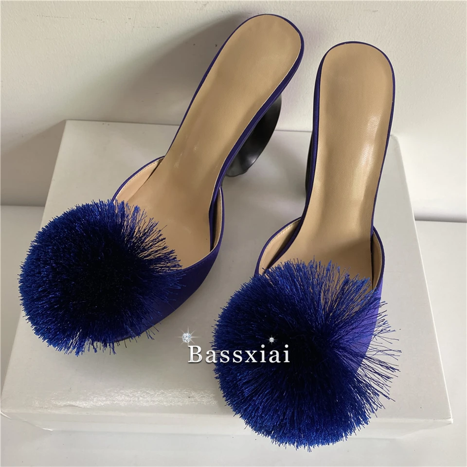 Round Circle Fretwork Heel Runway Mules Lady Luxury Satin Big Pompoms Flower Slingbacks Sandals For Girls Women Summer