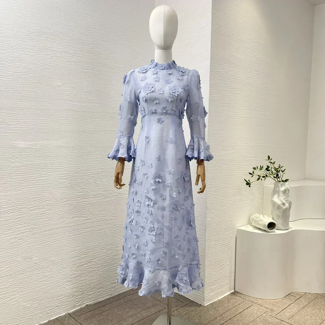 2024 New Silk Linen Elegant Vintage Blue Floral Appliquue Long Flare Sleeve Top Quality Women Midi Dress for Holiday