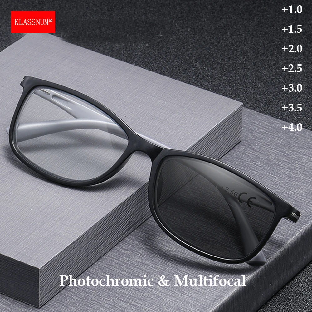 KLASSNUM Lunettes de lecture progressives multifocales pour hommes, verres photochromiques grossissants, classiques +1.0+1.5+2.0+2.5+3.0