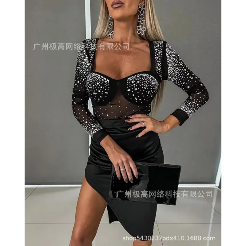 2024 Spring Summer New Women's Solid Color Rhinestone Stitching Sheer Mesh Long Sleeve Dress