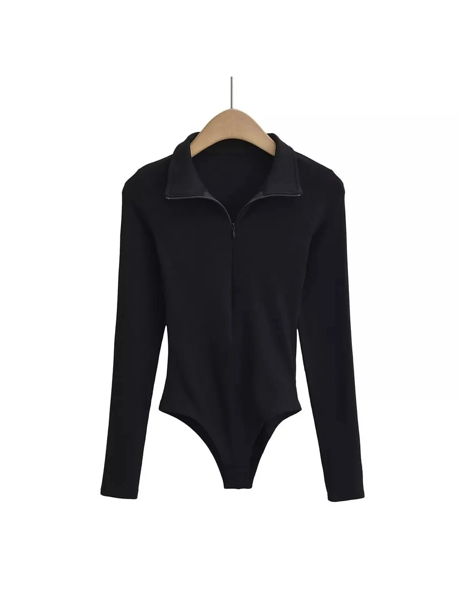 Women's Y2k Basic Zipper Up Long Sleeve Bodysuit Sexy Night Club Spicy Girl Streetwear BodySuit