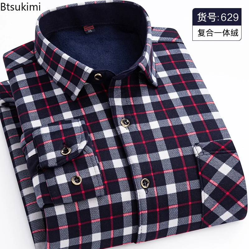 Autumn Winter Men's Shirts 2024 Fashion Thicker Fleece Warm Shirts Man Casual Long Sleeve Lapel Print Plaid Tops Men's Clothing