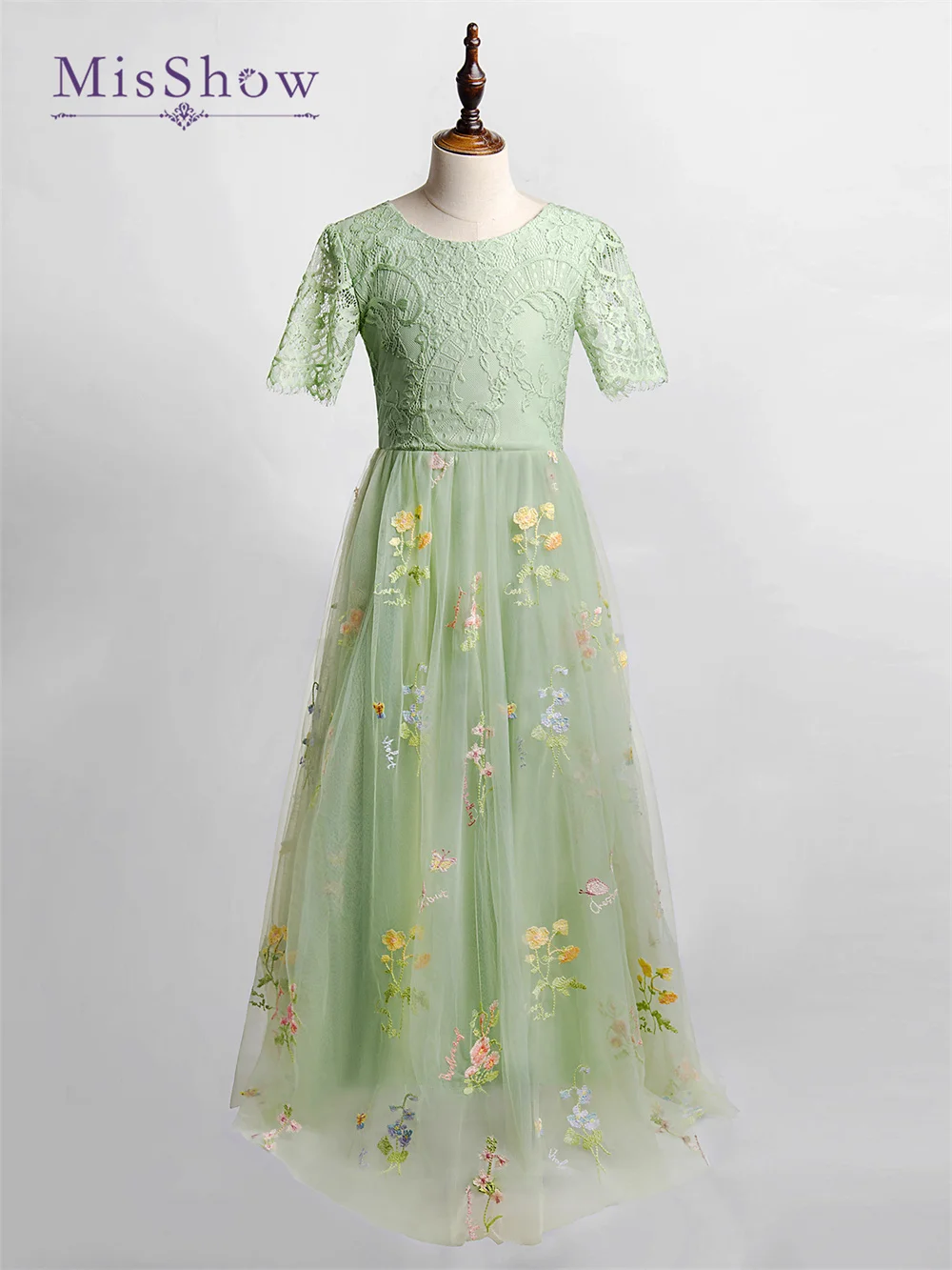 MisShow-vestido de tul con bordado Floral para niña, traje de encaje verde salvia para fiesta de boda, verano, 3 a 9 años