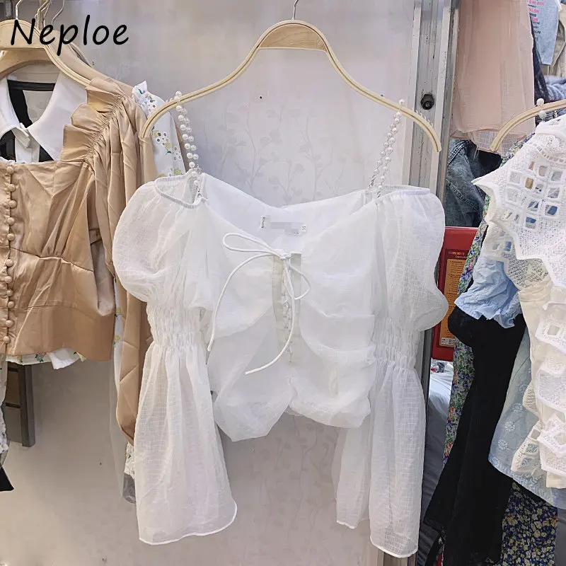 Neploe E-Girls Fairycore Blouses 2024 New Sexy Long Sleeve Pearl Sling Fairy Waist Wrapped Fragrant Style Off Shoulder Shirts